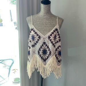 Shein Curve 2XL Granny Square spaghetti strap w/ fringe tank.